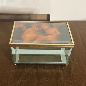 😄Beveled cherub angel glass trinkets box mirrored vintage 1995 glass and brass